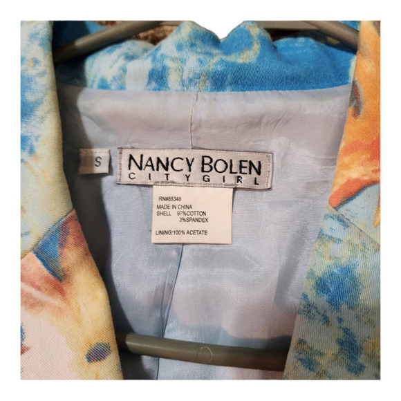 Nancy Bolen Jacket Palm Tree Design Blue Turquoise Orange Buttons Lined Size S - Picture 6 of 9